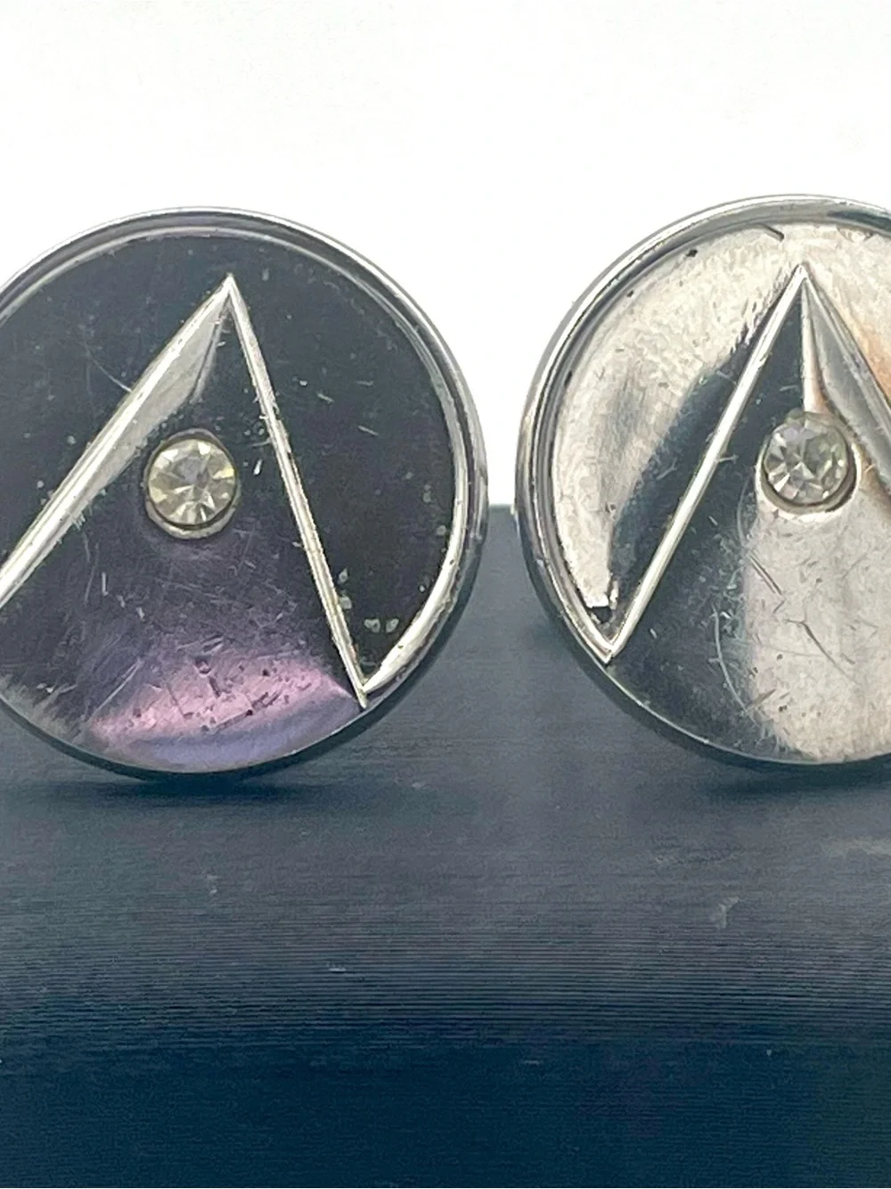 Silver Round Cufflinks with Triangle Emblem Inlaid with Crystal Detail
